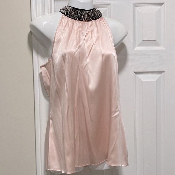 NWOT - Caché Pink Silk Sleeveless Halter Blouse Black Rhinestone Collar - Sz L* - Picture 14 of 15